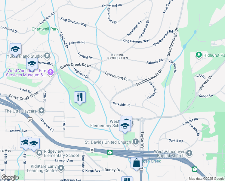 map of restaurants, bars, coffee shops, grocery stores, and more near 727 Biddesden Place in West Vancouver