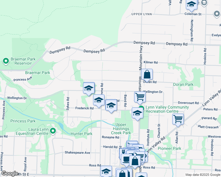 map of restaurants, bars, coffee shops, grocery stores, and more near 1154 Wellington Drive in North Vancouver