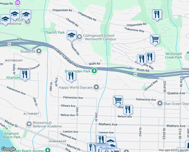 map of restaurants, bars, coffee shops, grocery stores, and more near 2517 Rosebery Avenue in West Vancouver
