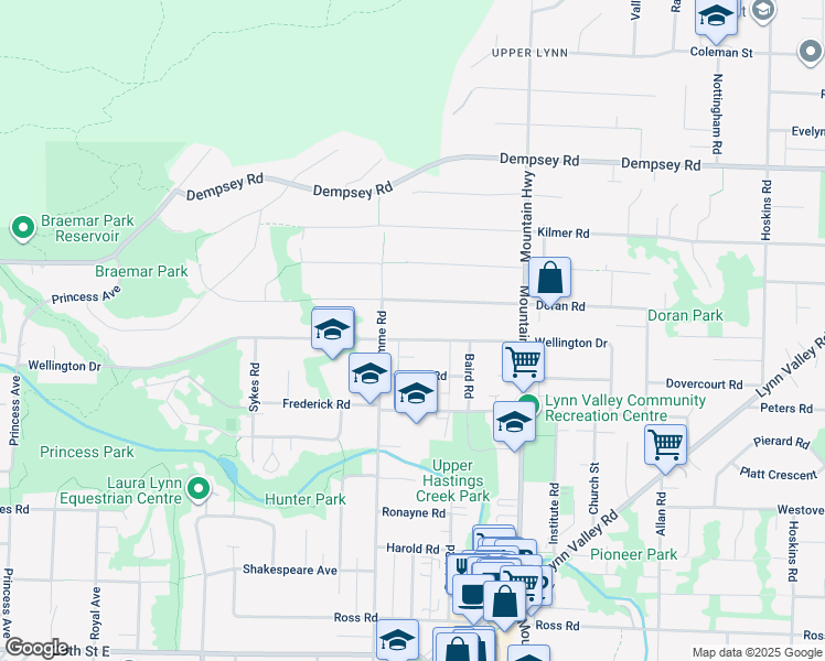 map of restaurants, bars, coffee shops, grocery stores, and more near 1154 Wellington Drive in North Vancouver