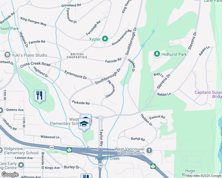map of restaurants, bars, coffee shops, grocery stores, and more near 635 Glenmaroon Road in West Vancouver
