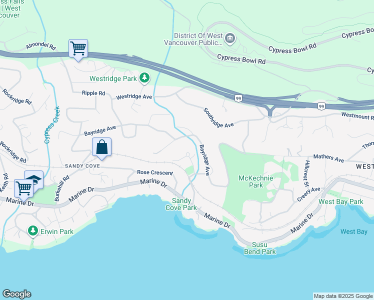 map of restaurants, bars, coffee shops, grocery stores, and more near 3940 Sharon Place in West Vancouver