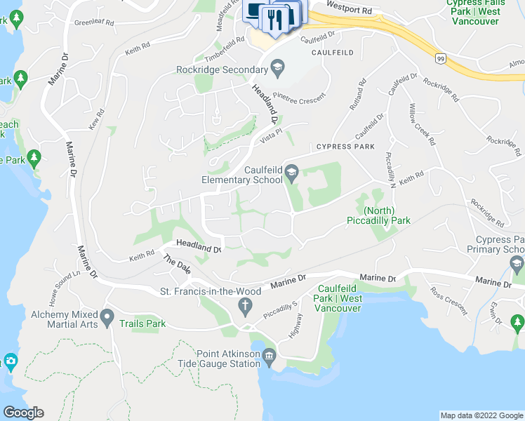 map of restaurants, bars, coffee shops, grocery stores, and more near 4651 Birchfeild Place in West Vancouver