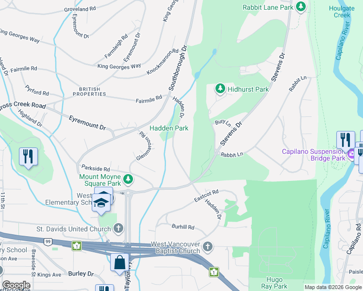 map of restaurants, bars, coffee shops, grocery stores, and more near 533 Hadden Drive in West Vancouver