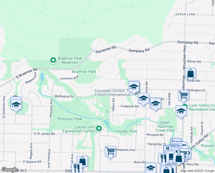 map of restaurants, bars, coffee shops, grocery stores, and more near 884 Wellington Drive in North Vancouver