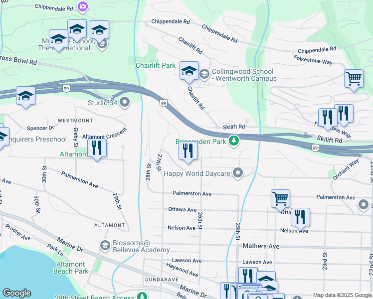 map of restaurants, bars, coffee shops, grocery stores, and more near 2635 Rosebery Avenue in West Vancouver