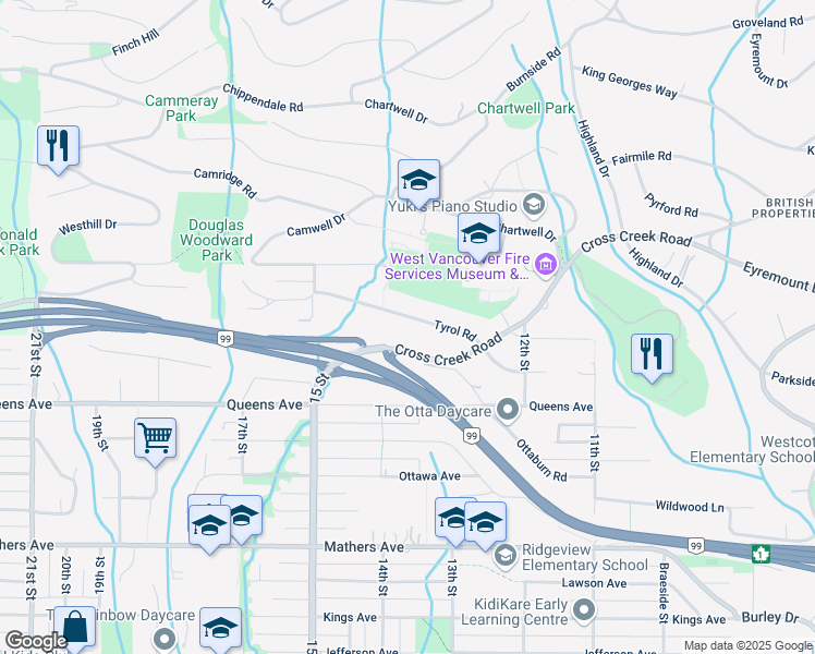 map of restaurants, bars, coffee shops, grocery stores, and more near 1368 Tyrol Road in West Vancouver