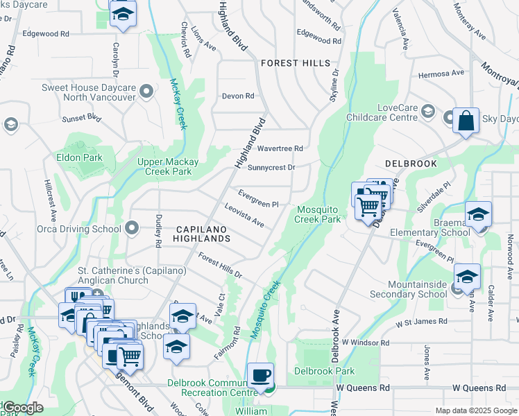 map of restaurants, bars, coffee shops, grocery stores, and more near 921 Evergreen Place in North Vancouver