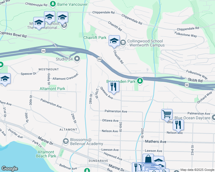 map of restaurants, bars, coffee shops, grocery stores, and more near 2664 Rosebery Avenue in West Vancouver