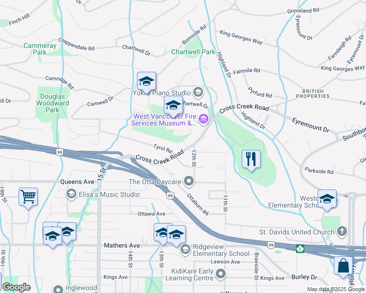 map of restaurants, bars, coffee shops, grocery stores, and more near 997 Cross Creek Road in West Vancouver