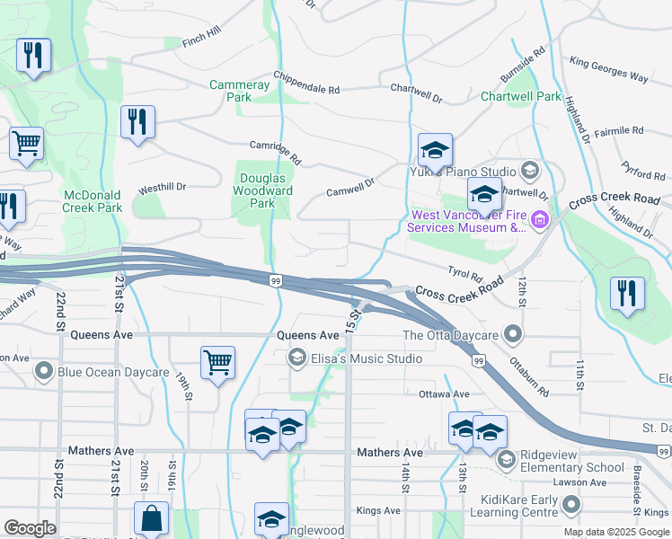 map of restaurants, bars, coffee shops, grocery stores, and more near 2011 Tyrol Lane in West Vancouver