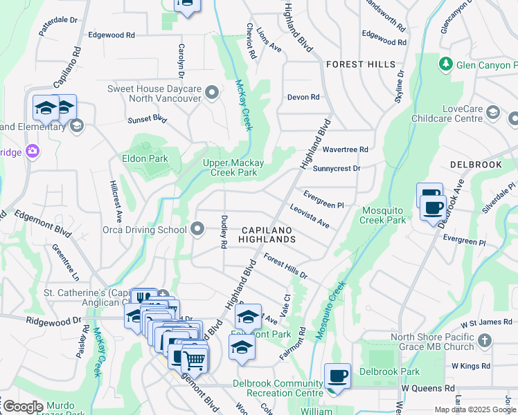 map of restaurants, bars, coffee shops, grocery stores, and more near 966 Beaumont Drive in North Vancouver
