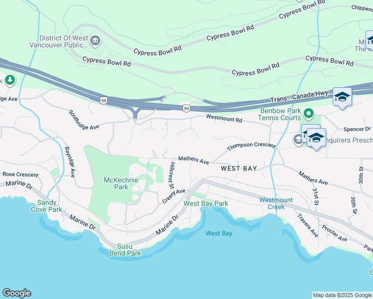 map of restaurants, bars, coffee shops, grocery stores, and more near 3519 Mathers Avenue in West Vancouver