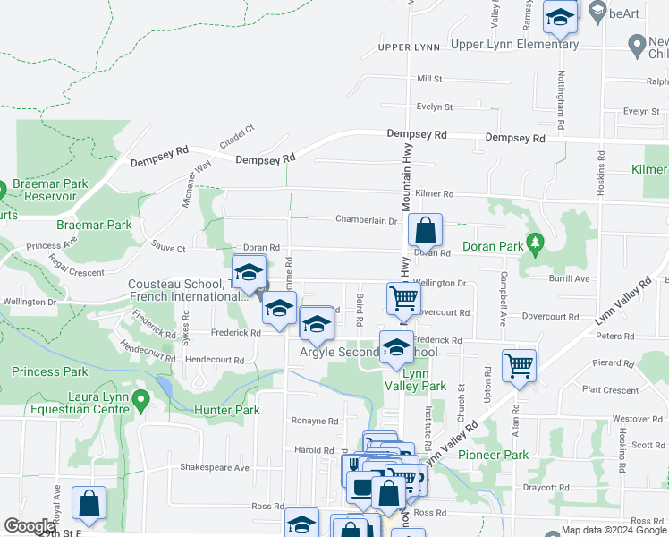 map of restaurants, bars, coffee shops, grocery stores, and more near 1190 Wellington Drive in North Vancouver