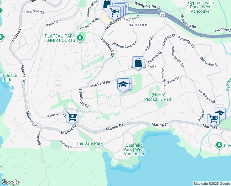 map of restaurants, bars, coffee shops, grocery stores, and more near 4609 Birchfeild Place in West Vancouver