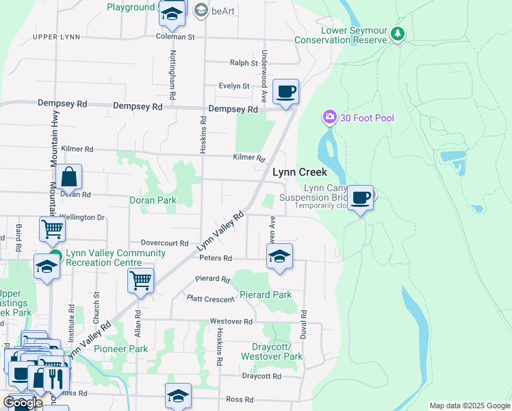 map of restaurants, bars, coffee shops, grocery stores, and more near 3836 Lynn Valley Road in North Vancouver