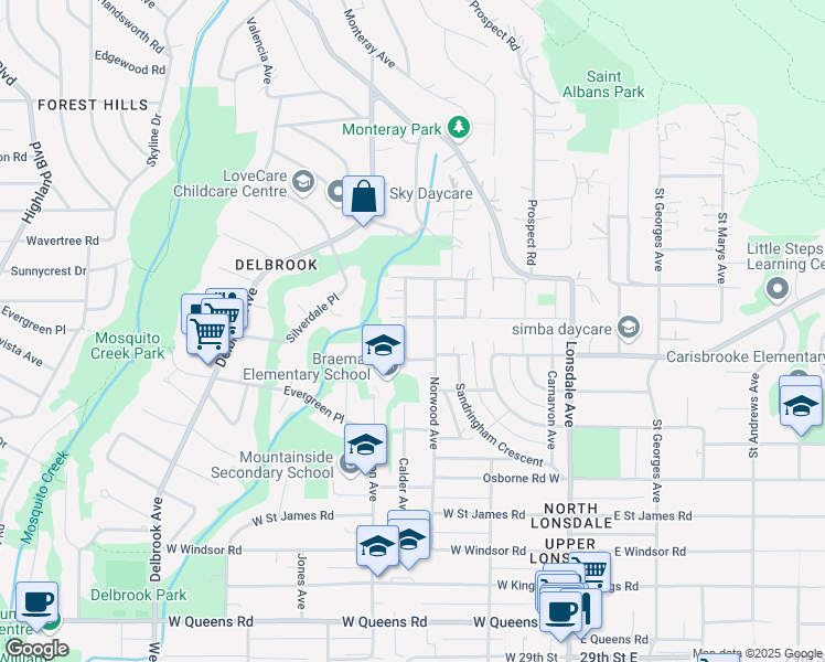 map of restaurants, bars, coffee shops, grocery stores, and more near 3780 Calder Avenue in North Vancouver