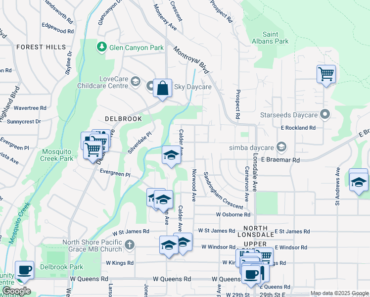 map of restaurants, bars, coffee shops, grocery stores, and more near 3780 Calder Avenue in North Vancouver