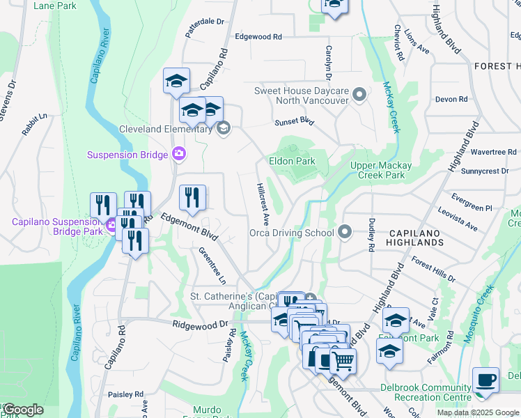 map of restaurants, bars, coffee shops, grocery stores, and more near 3855 Hillcrest Avenue in North Vancouver