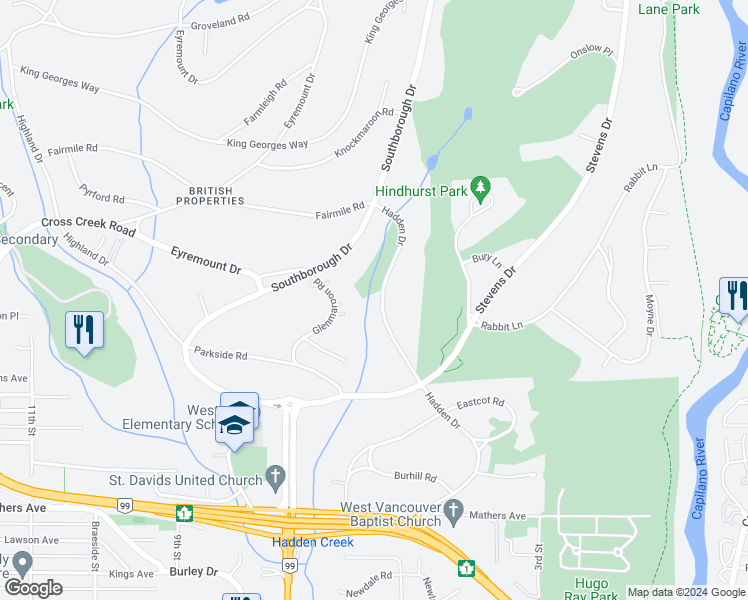 map of restaurants, bars, coffee shops, grocery stores, and more near 548 Hadden Drive in West Vancouver