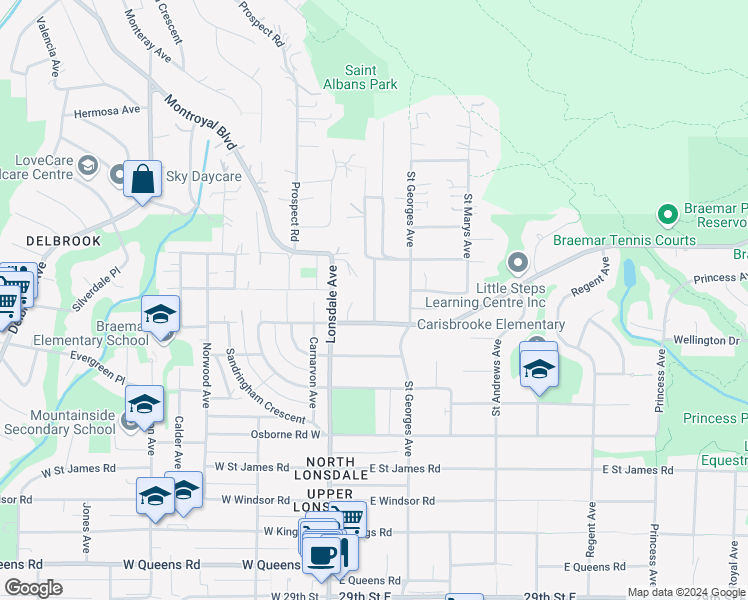map of restaurants, bars, coffee shops, grocery stores, and more near 3757 Saint Pauls Avenue in North Vancouver