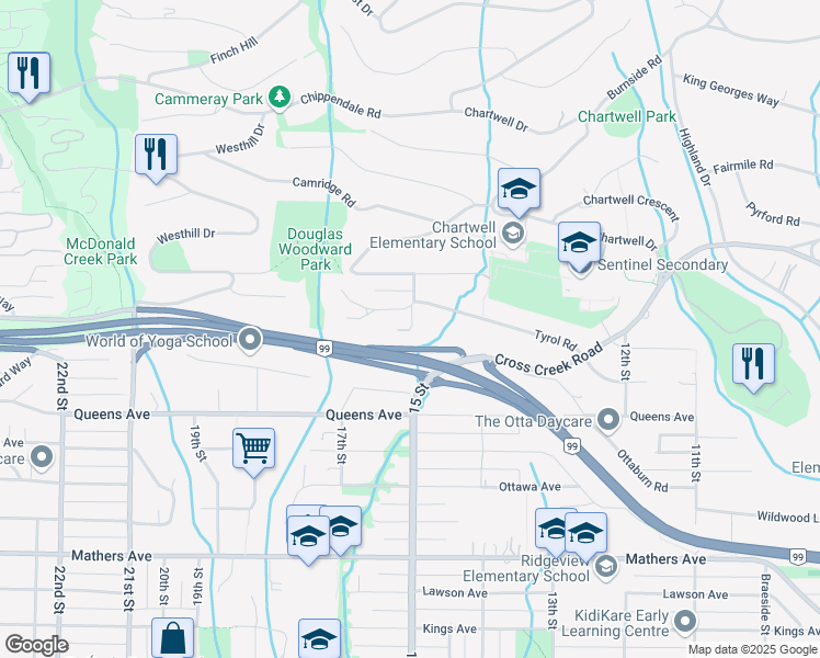 map of restaurants, bars, coffee shops, grocery stores, and more near 2011 Tyrol Lane in West Vancouver