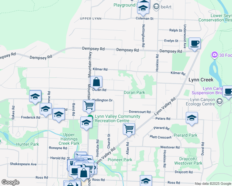 map of restaurants, bars, coffee shops, grocery stores, and more near 1433 Doran Road in North Vancouver