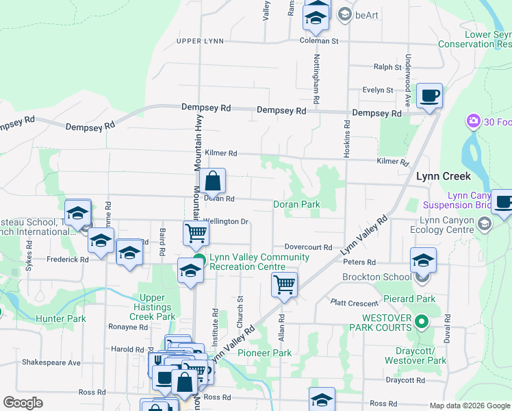 map of restaurants, bars, coffee shops, grocery stores, and more near 1433 Doran Road in North Vancouver