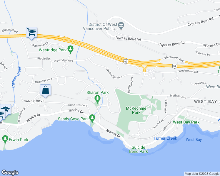 map of restaurants, bars, coffee shops, grocery stores, and more near 3803 Bayridge Avenue in West Vancouver