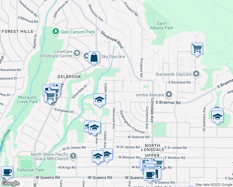 map of restaurants, bars, coffee shops, grocery stores, and more near 3796 Norwood Avenue in North Vancouver