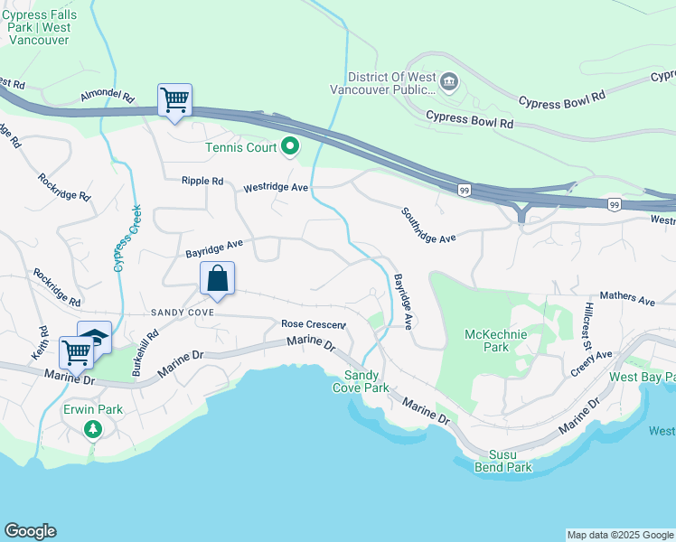 map of restaurants, bars, coffee shops, grocery stores, and more near 3958 Bayridge Avenue in West Vancouver