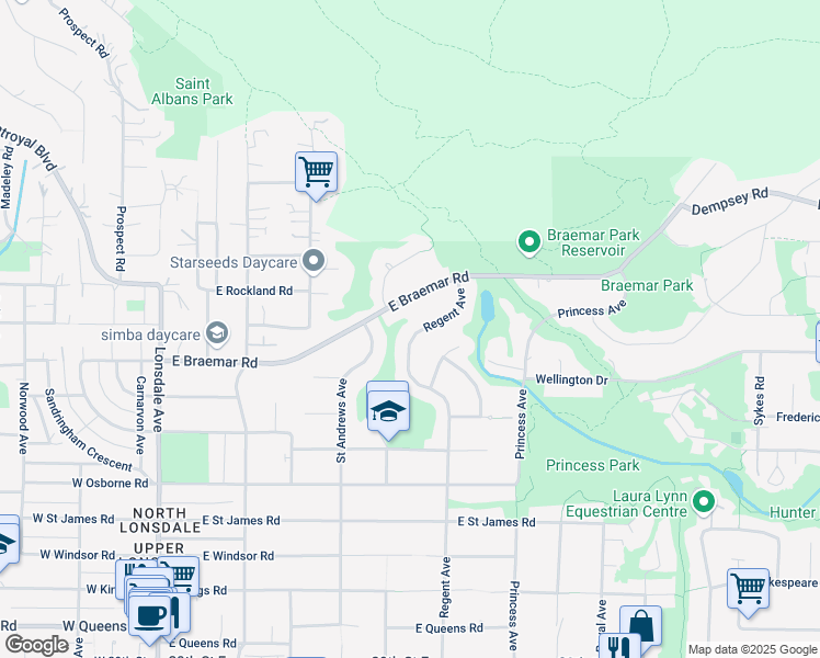 map of restaurants, bars, coffee shops, grocery stores, and more near 3791 Regent Avenue in North Vancouver