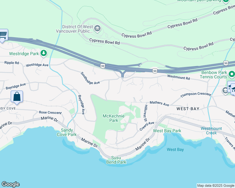 map of restaurants, bars, coffee shops, grocery stores, and more near 3714 Southridge Place in West Vancouver