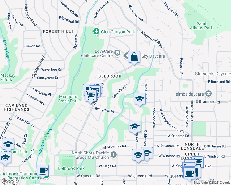 map of restaurants, bars, coffee shops, grocery stores, and more near 504 Silverdale Place in North Vancouver