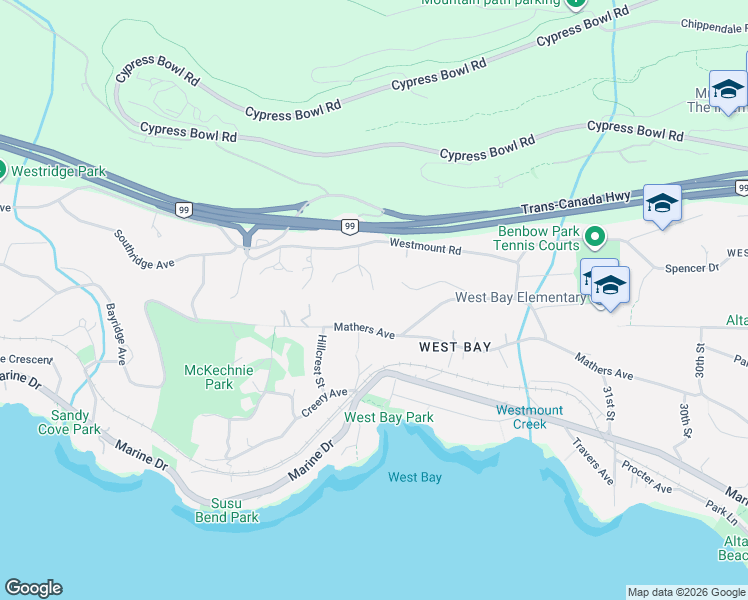 map of restaurants, bars, coffee shops, grocery stores, and more near 3460 Rockview Place in West Vancouver