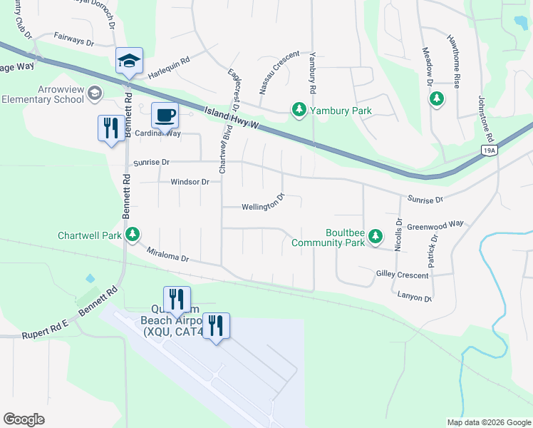 map of restaurants, bars, coffee shops, grocery stores, and more near 1154 Wellington Drive in Qualicum Beach
