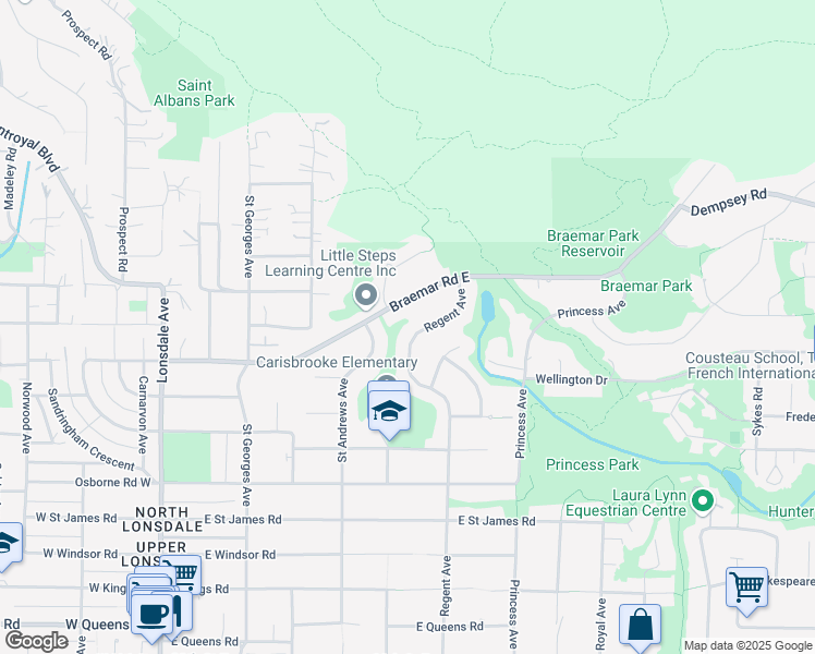 map of restaurants, bars, coffee shops, grocery stores, and more near 3791 Regent Avenue in North Vancouver