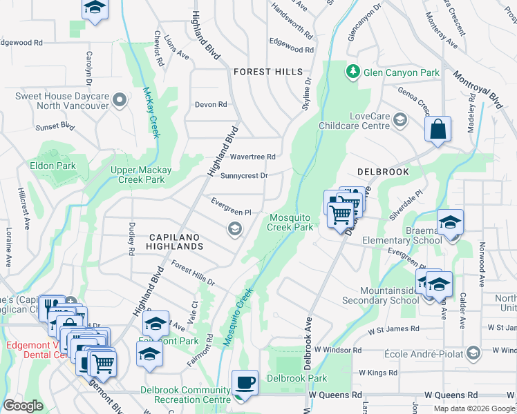 map of restaurants, bars, coffee shops, grocery stores, and more near 3825 Glenview Crescent in North Vancouver