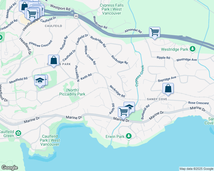 map of restaurants, bars, coffee shops, grocery stores, and more near 4402 Keith Road in West Vancouver