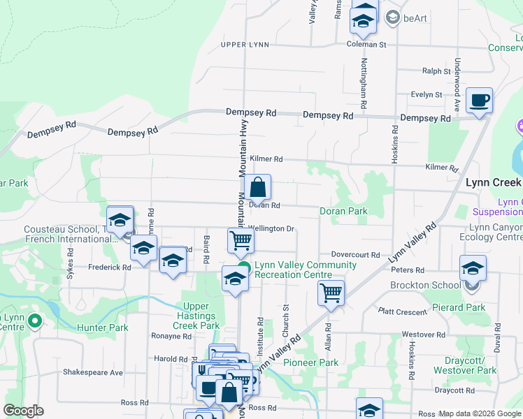 map of restaurants, bars, coffee shops, grocery stores, and more near 1345 Doran Road in North Vancouver