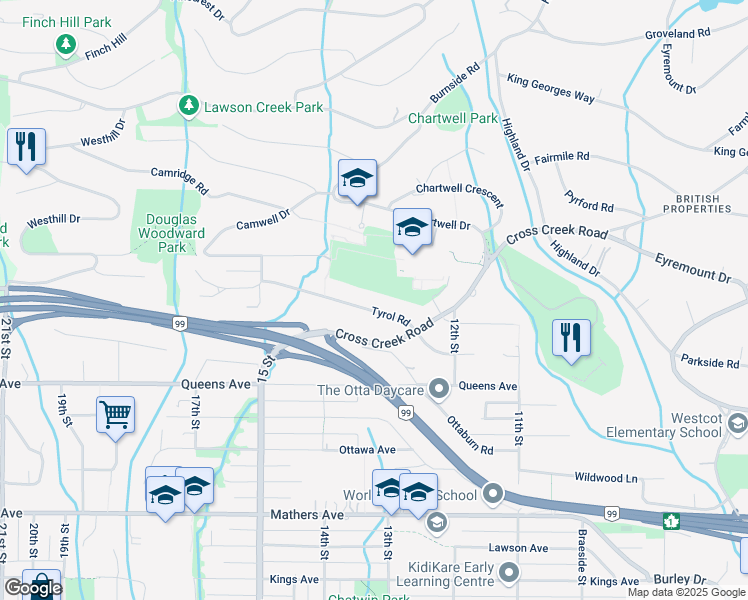 map of restaurants, bars, coffee shops, grocery stores, and more near 1343 Tyrol Road in West Vancouver