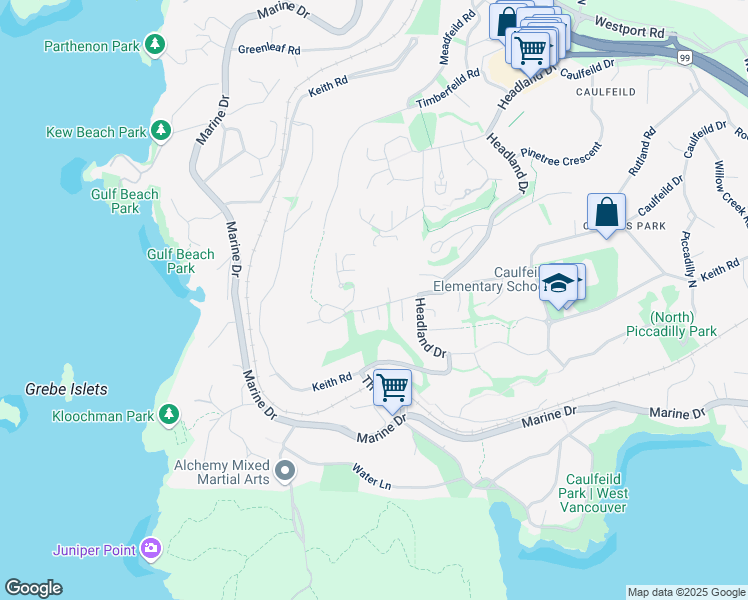 map of restaurants, bars, coffee shops, grocery stores, and more near 4881 Meadfeild Road in West Vancouver