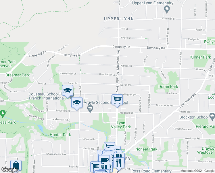 map of restaurants, bars, coffee shops, grocery stores, and more near 1249 Doran Road in North Vancouver
