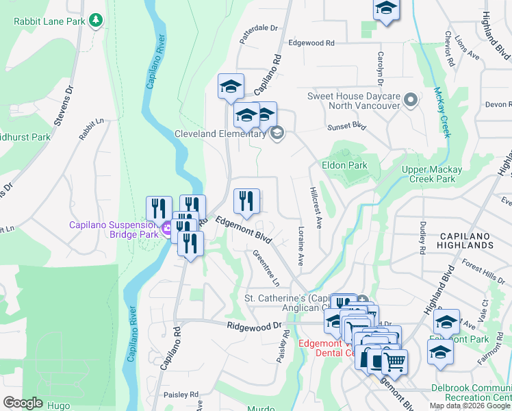 map of restaurants, bars, coffee shops, grocery stores, and more near 3750 Edgemont Boulevard in North Vancouver