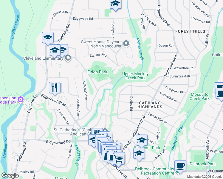 map of restaurants, bars, coffee shops, grocery stores, and more near 3870 Emerald Drive in North Vancouver