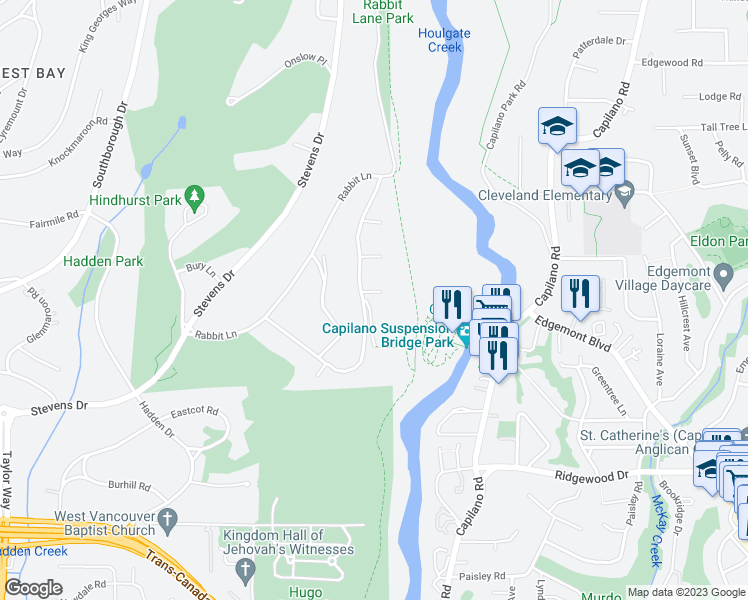 map of restaurants, bars, coffee shops, grocery stores, and more near 342 Moyne Drive in West Vancouver
