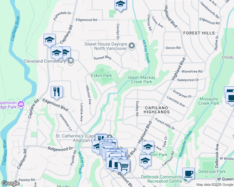 map of restaurants, bars, coffee shops, grocery stores, and more near 3870 Emerald Drive in North Vancouver