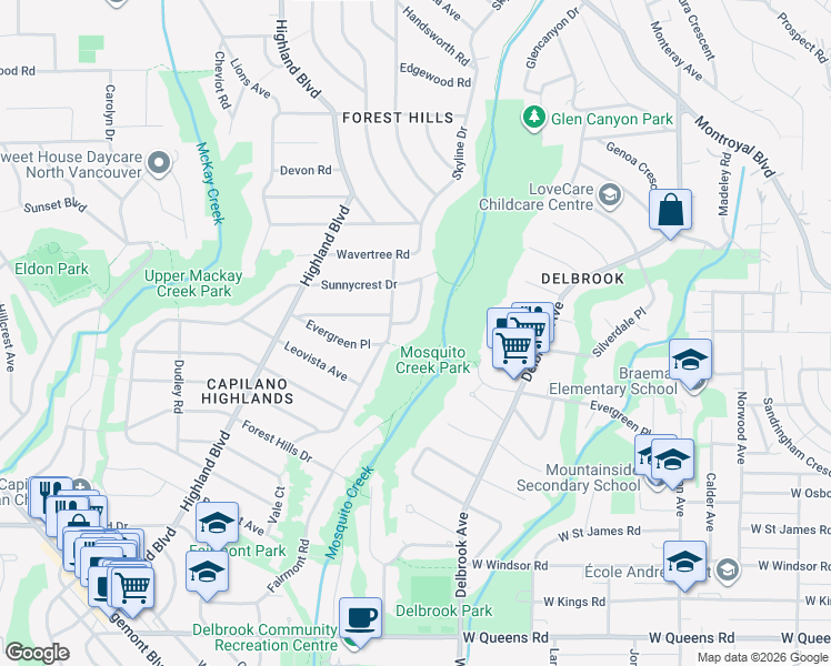 map of restaurants, bars, coffee shops, grocery stores, and more near 3874 Trenton Place in North Vancouver