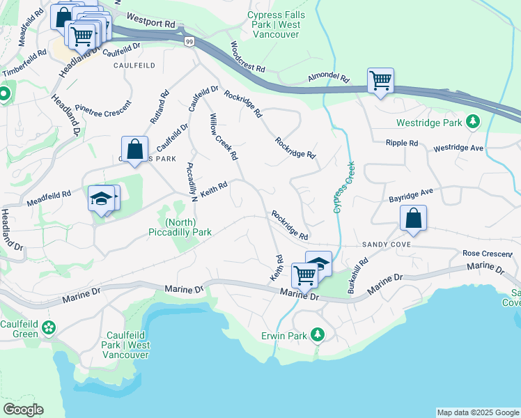 map of restaurants, bars, coffee shops, grocery stores, and more near 4402 Keith Road West in North Vancouver