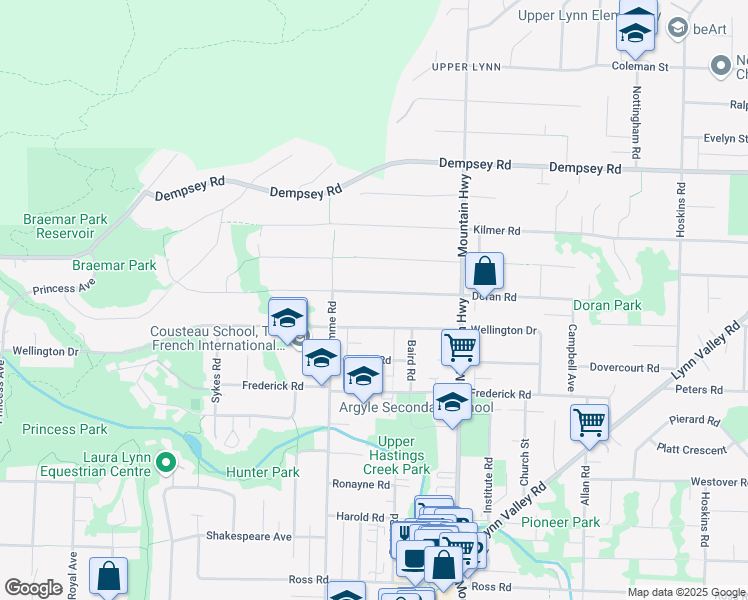 map of restaurants, bars, coffee shops, grocery stores, and more near 1165 Doran Road in North Vancouver